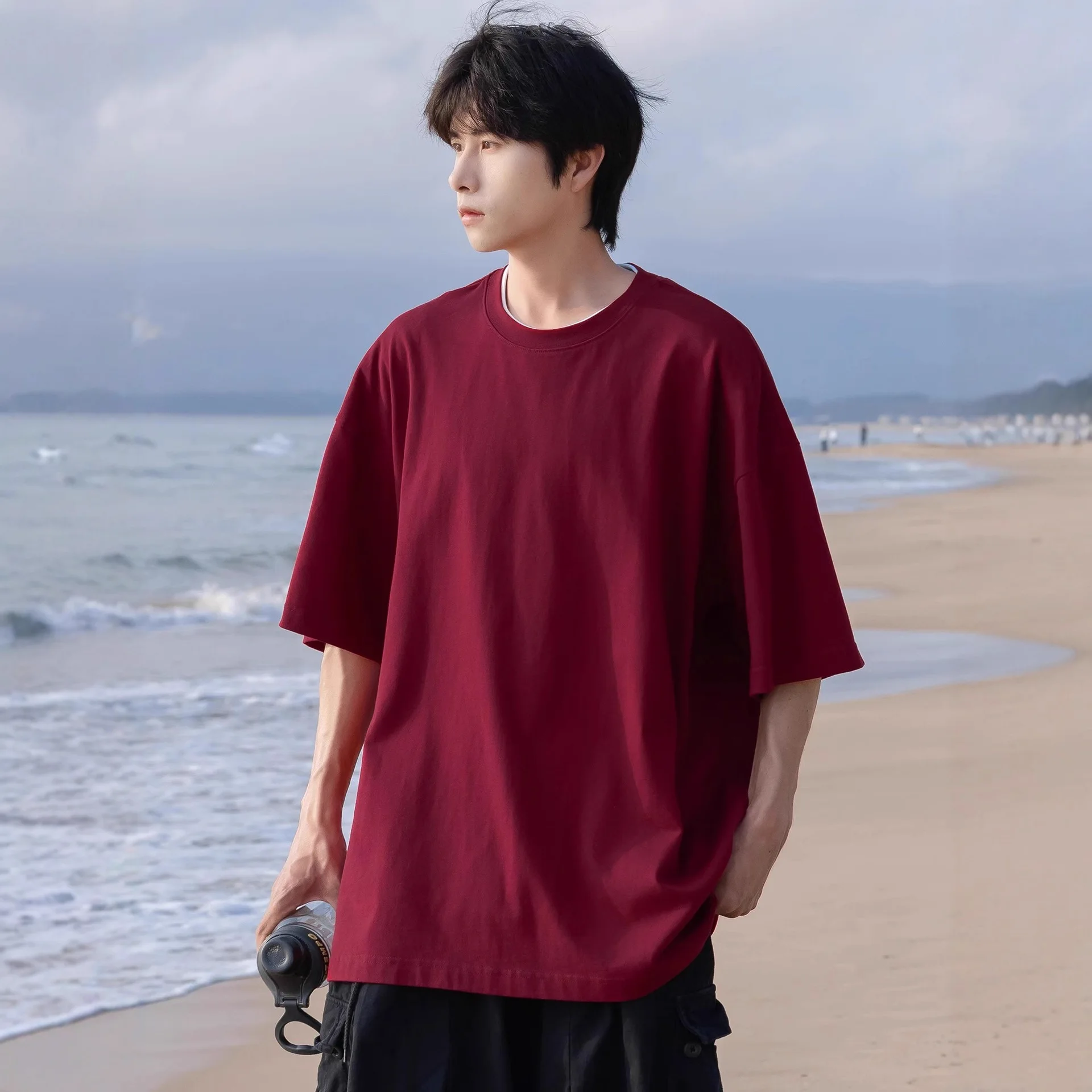 Summer Pure Cotton Short Sleeve T-Shirt Men's High Street Loose Couple Casual 5-Pocket Tee