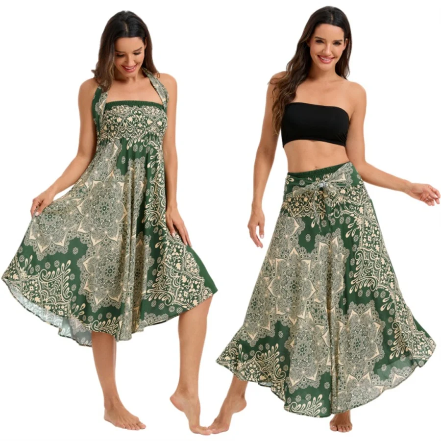 Damen Boho-Kleid aus Rayon, Atmungsaktiv, Weich, Sommerliches Bohemian Langes Kleid, Strandkleidung, Urlaub, Elastische Taille, Bandage-Neckholder, Hippie-Kleid – Detail 16