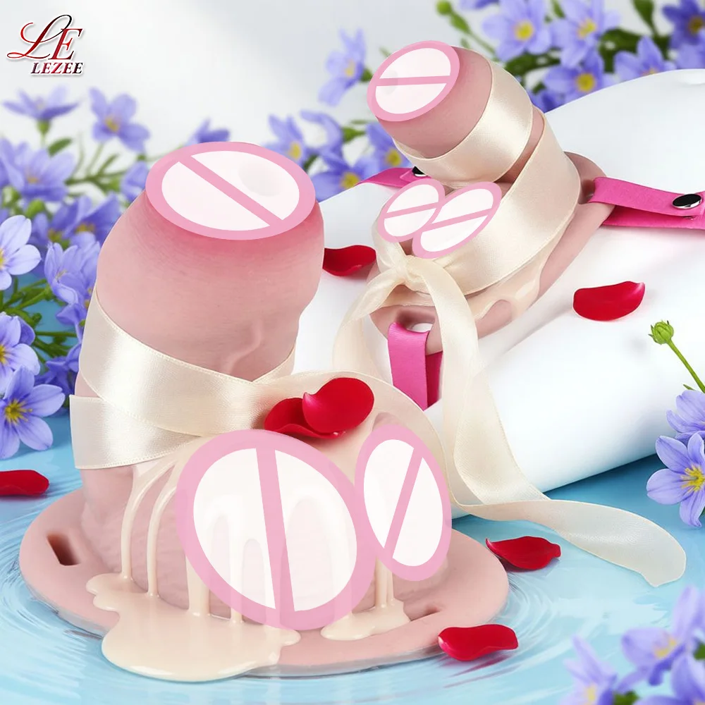 LEZEE Мужские клетки для члена Силиконовая клетка целомудрия Реалистичный фаллоимитатор с ремешком для брюк на рукаве для пениса с поясом целомудрия Секс-игрушки для мужчин