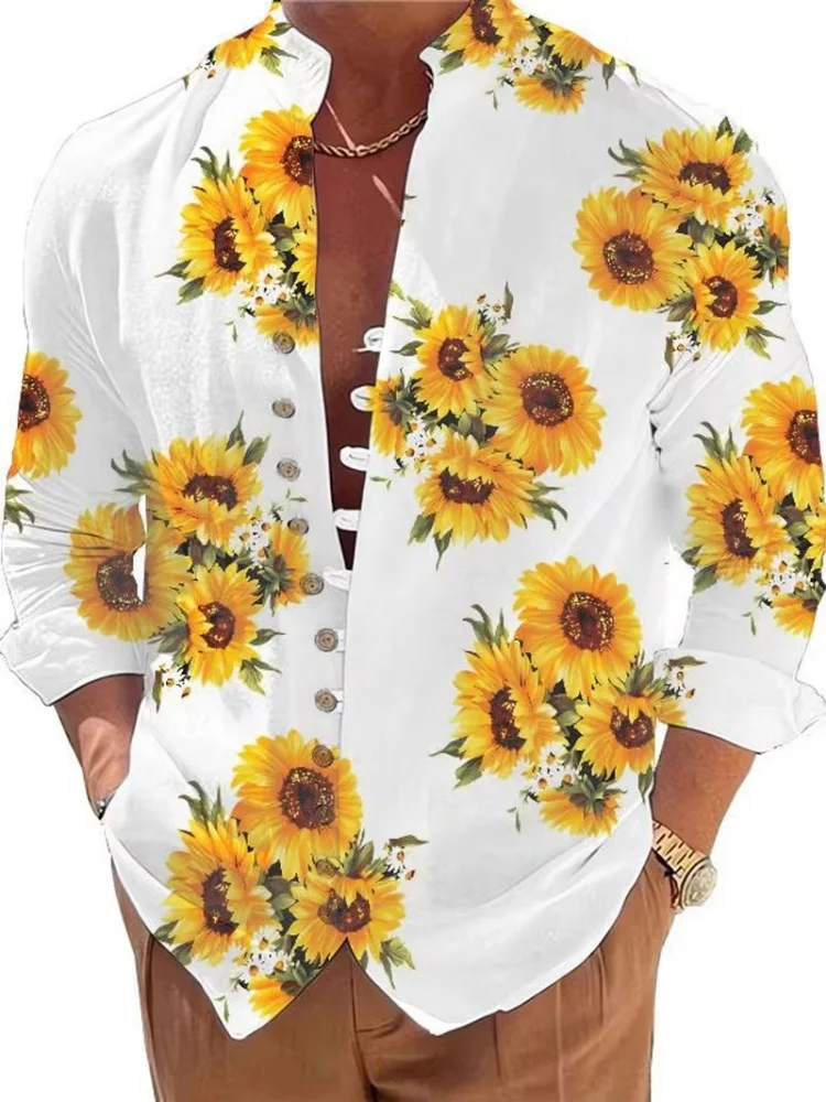 European and American style men's stand-up collar long-sleeved shirt with sunflower print, loose casual button-down cardigan.