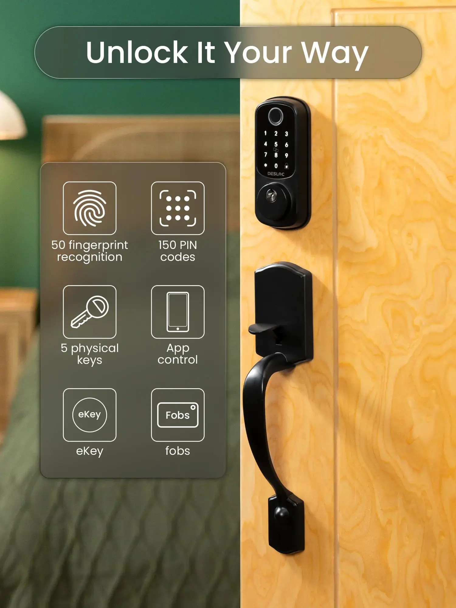 DESLOC Keyless Entry Door Lock with Handle Set, Smart Locks for Front Door, Electronic keypad Door Lock with Handle, , IP54