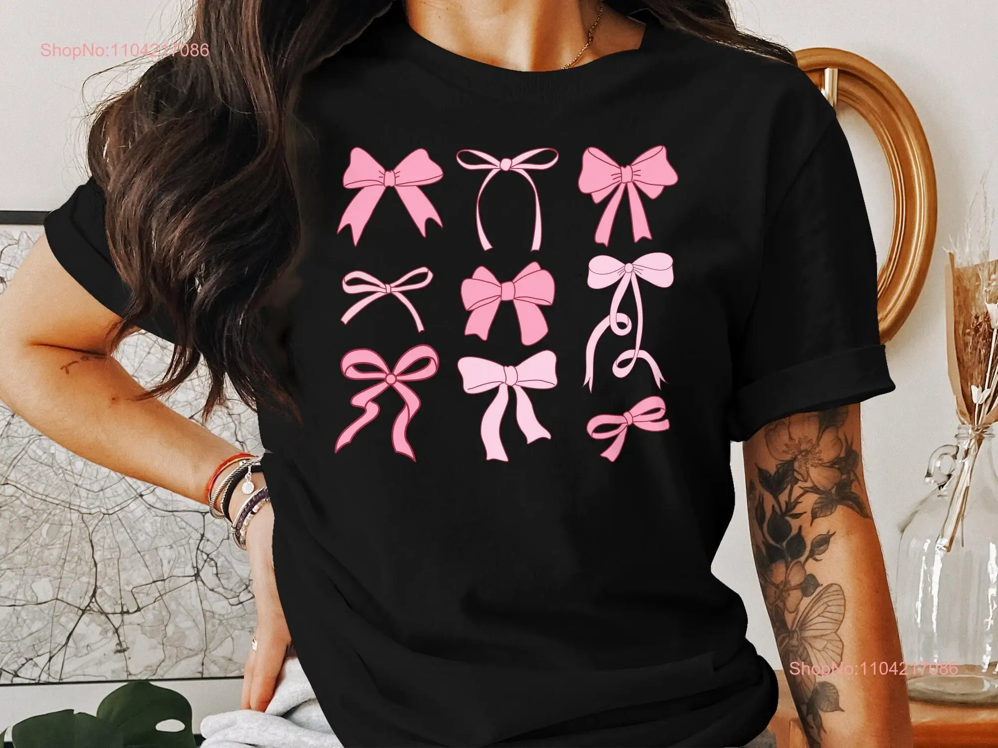 Pink Bow Pattern T Shirt for Women Cute Print Feminine Casual Top Girly  long or short sleeves