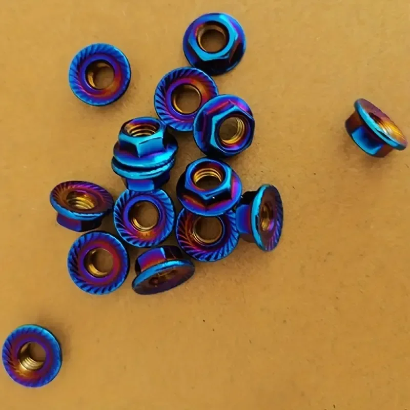 12pcs Stainless Steel Hex Nuts | M5/M6/M8/M10, Vibrant Blue, Flange Locking Nuts, Purple and Orange Flame Design for Motorcycle