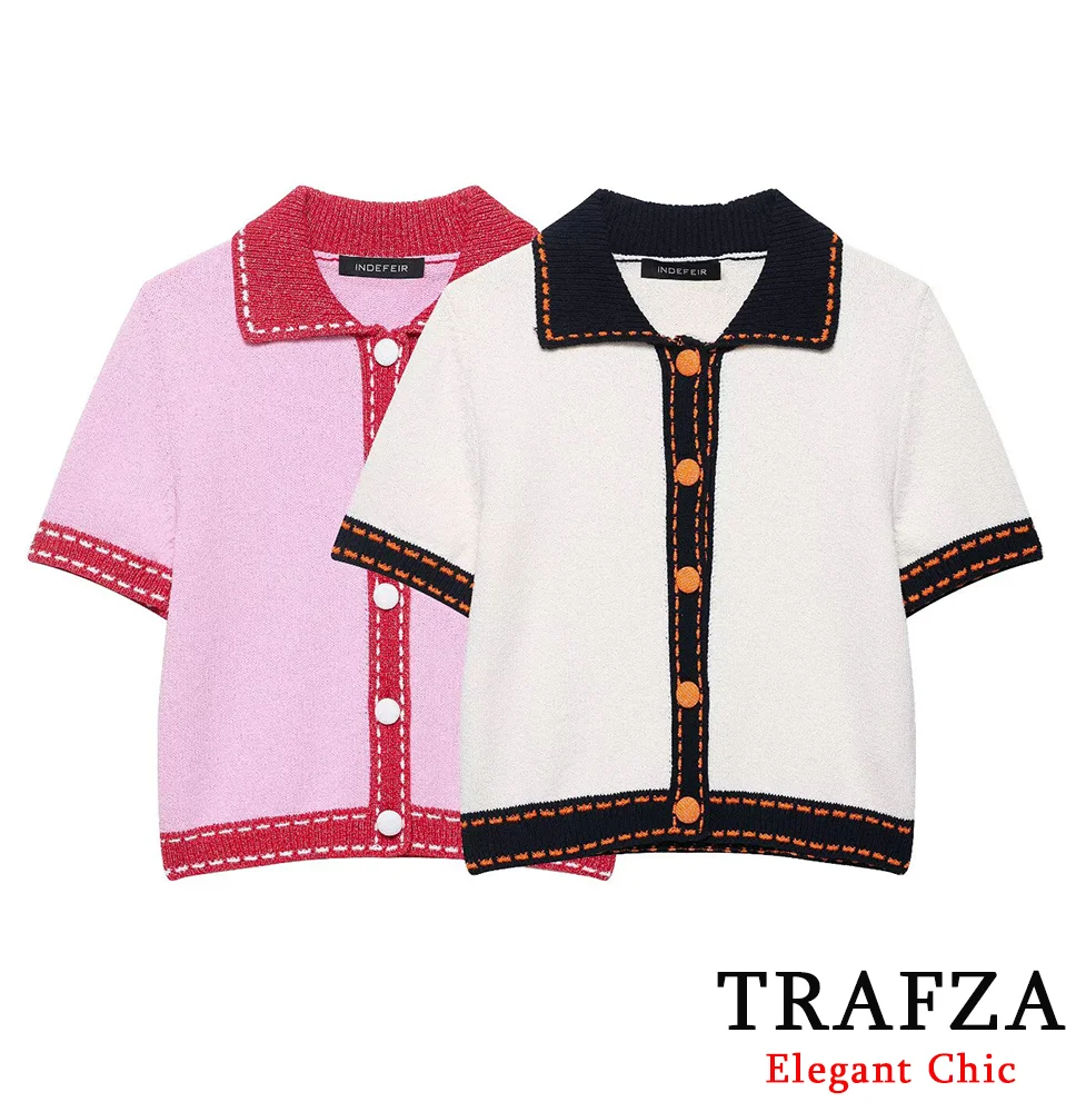 

TRAFZA Cute Lady Knitted Coat Lapel Buttons Contrasting Line Slim Cardigan Jacket 2025 Spring Fall Fashion Elegant Women Coat