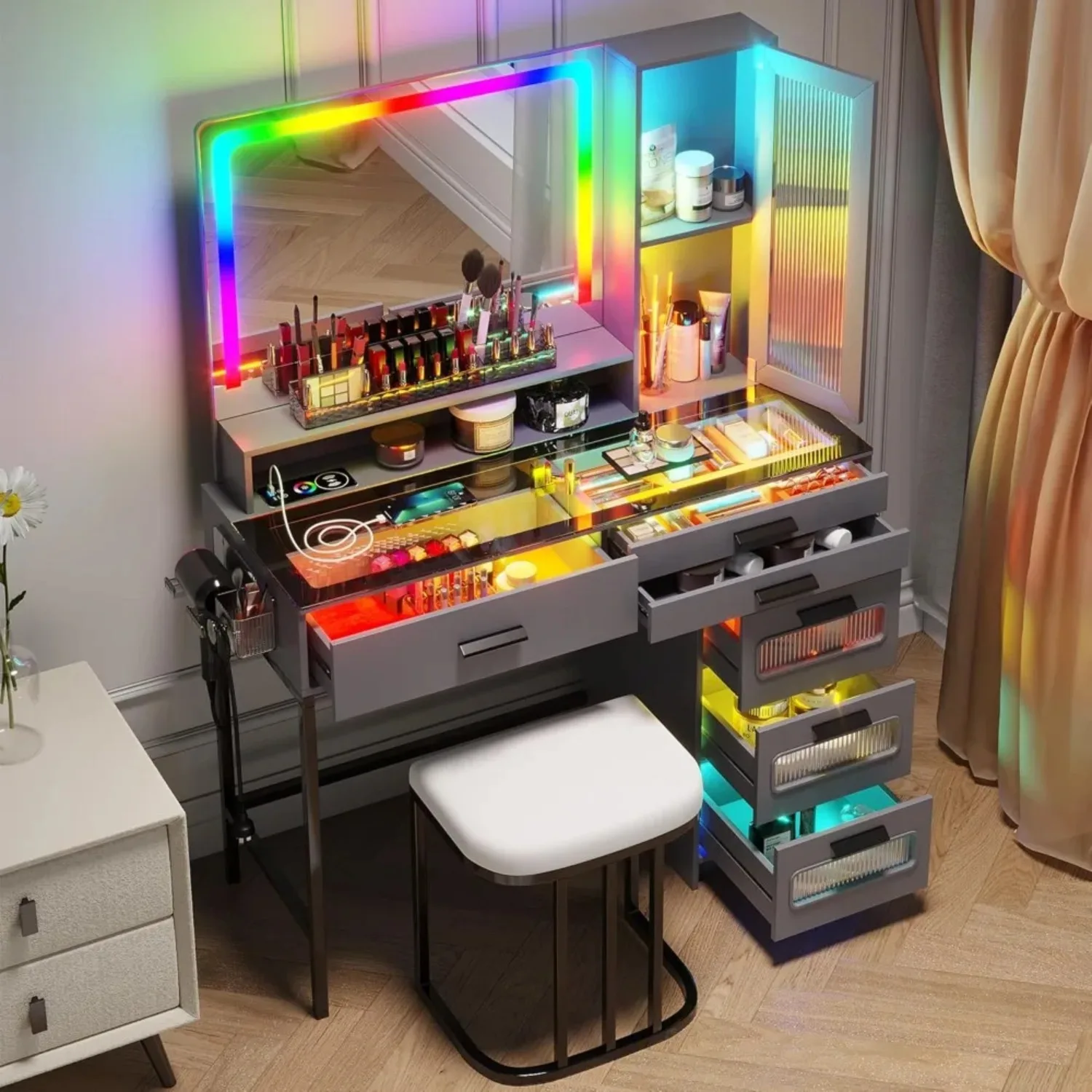 Vanity Desk w/Mirror & RGB LED Lights, 39.5