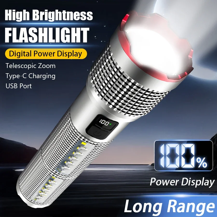 

Перезаряжаемый фонарик с зумом, белый лазер, 5 режимов освещения, внешний аккумулятор, портативный рабочий свет, уличное аварийное освещение для кемпинга