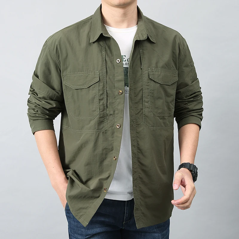 Korean Trendy Fashion Casual Spring Outdoor Quick Drying Long Sleeved Shirt Coat Men Solid Lapel Pocket Breathable Loose Jackets