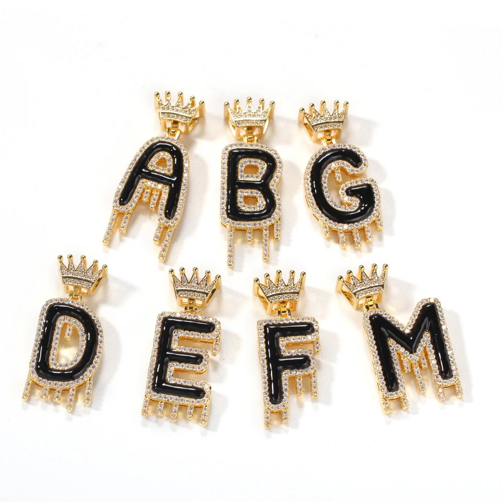 

LeeChee Crown Charm Black Enamel Initial Letter A-Z Personalized Crystal Necklace Hiphop Jewelry Gift