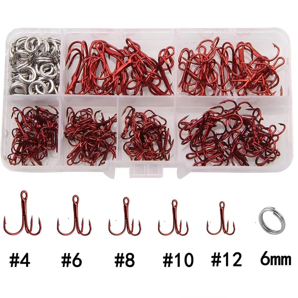 180pcs/box Fishing Treble Hooks Kit High Carbon Steel Hooks Sharp Round Bend Treble Hooks Strong Barbed Hooks With Split Rings