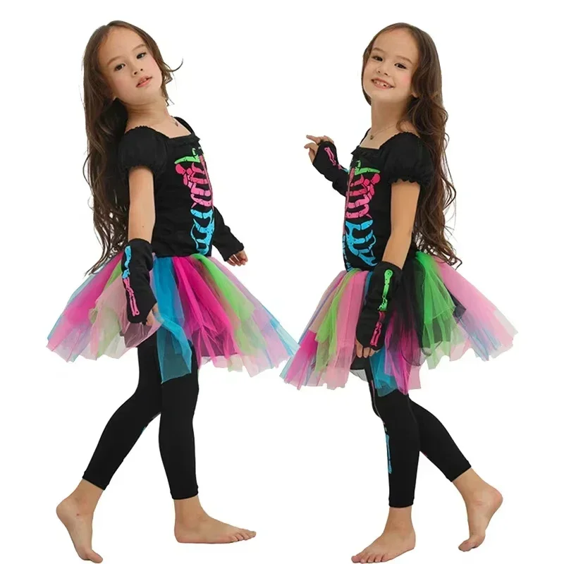 Kinder-Halloween-Hexen-Outfit für Mädchen, farbiges Skelettmuster, Tutu-Kleid, Leggings, Hut, Besen, Halskette, Süßigkeitentasche, Party-Kostüm-Set – Detail 12