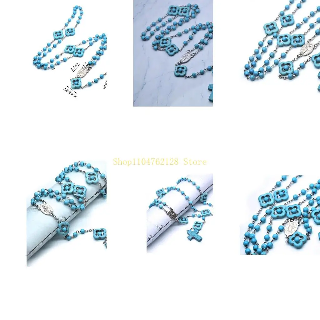 Catholic Turquoise Rosary Necklace Mary Charm Round Bead for Cross Necklaces Religious Praying Fashion Jewelry best sale