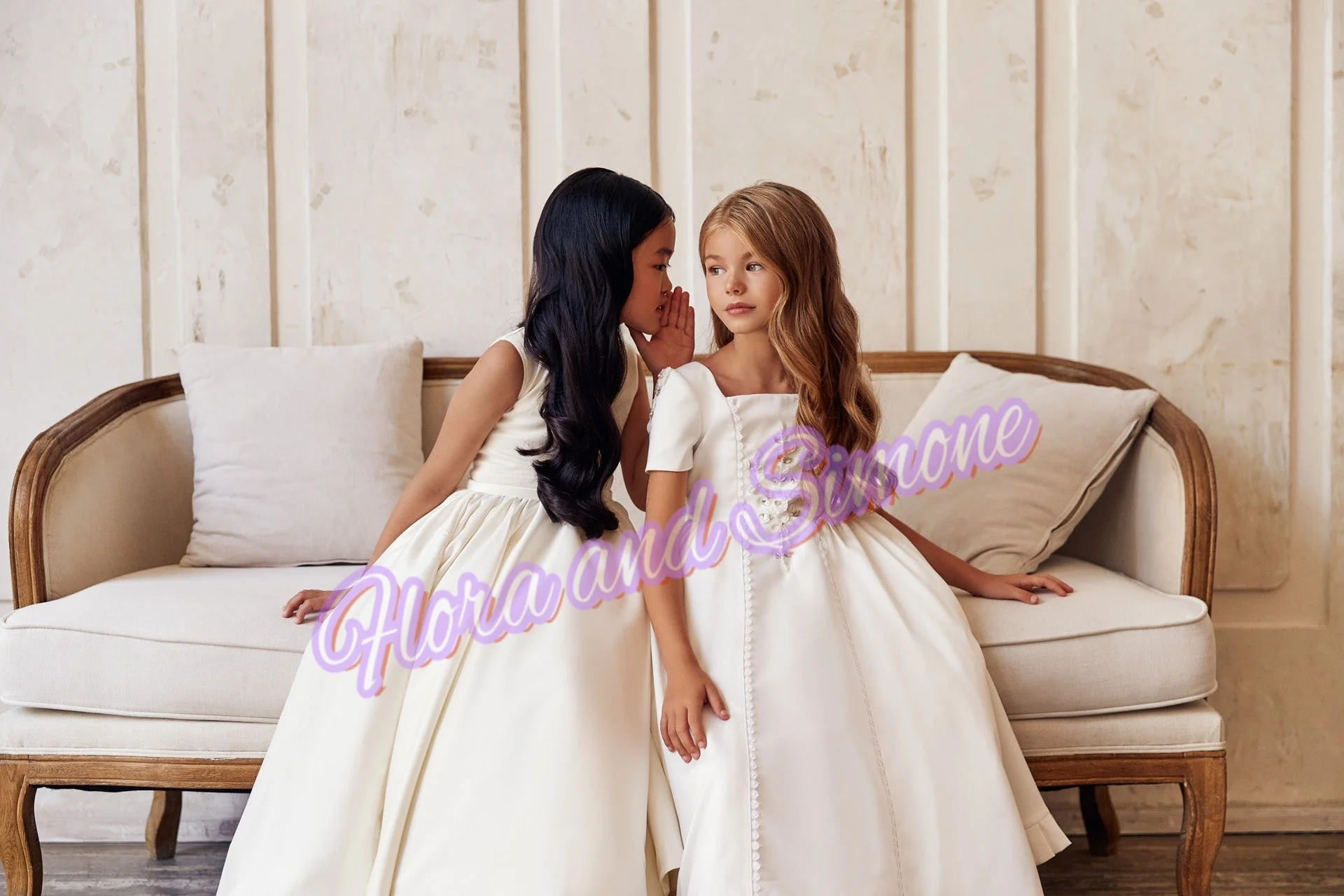 Satin puff sleeves Girl gowns Beading Elegant Flower Girl Dress for Wedding Ceremonies Formal Receptions Holiday Celebrations
