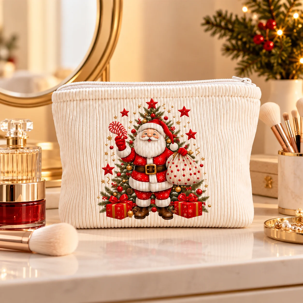 Cosmetic Bag Printed Santa Snowman Reindeer Corduroy Pouch Travel Toiletry Organizer Women Makeup Storage Bag Portable Case