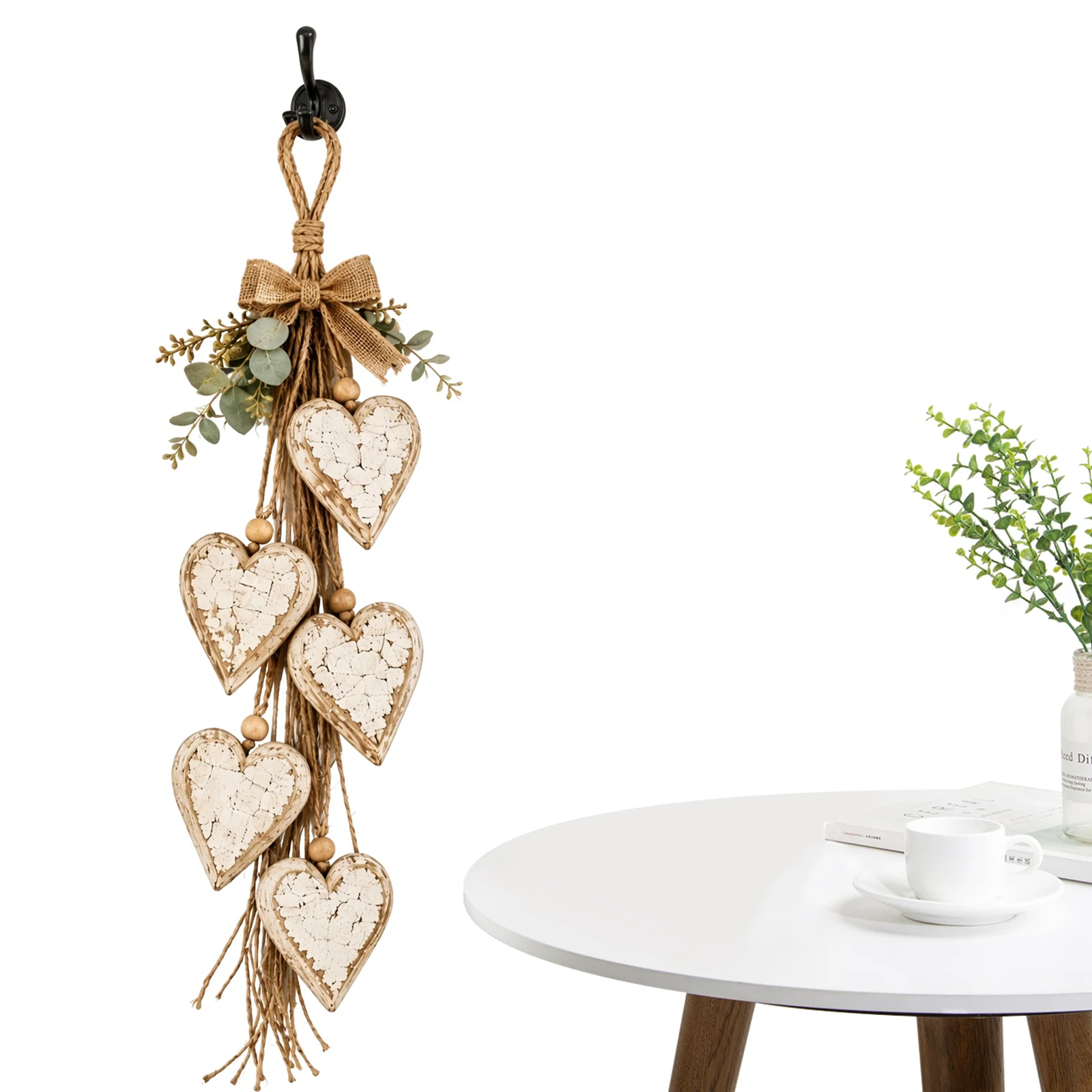 Distressed Wood Heart Decor 5 Layered Tiered Farmhouse Jute Rope Boho Vertical Wall Hanging Art