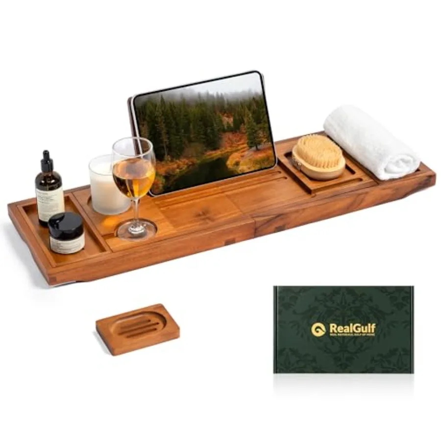 

Teak attu Tray at Caddy wit Wine Glass older Pone Dock and ook Stand ands-Free Reading and Spa Relaxation Experience-Natural