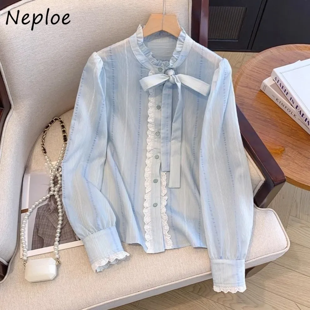 Neploe Sweet Bow Student Casual Preppy Style Shirt Pure Desire Spicy Lace French Blusa Stripe Fungus Exquisite Gentle Ropa Mujer