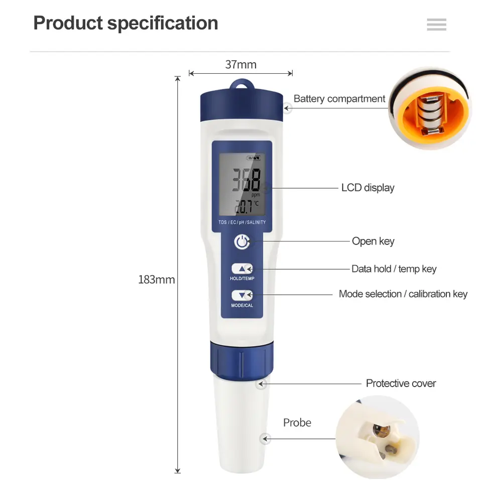 5 In 1 Digital PH TDS EC Meter Pen Salinity Temperature Tester Conductivity Filter Purity with Backlight for Aquarium Water - 6