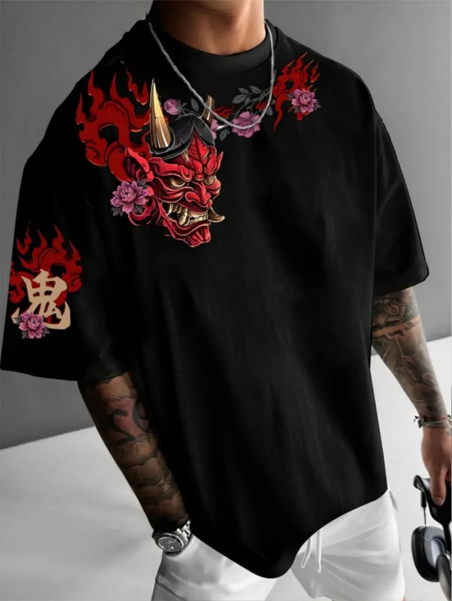 American Men's Summer Personalized Ghost Mask Letter Print Comfortable and Breathable Round Neck T-Shirt Outdoor Street Top