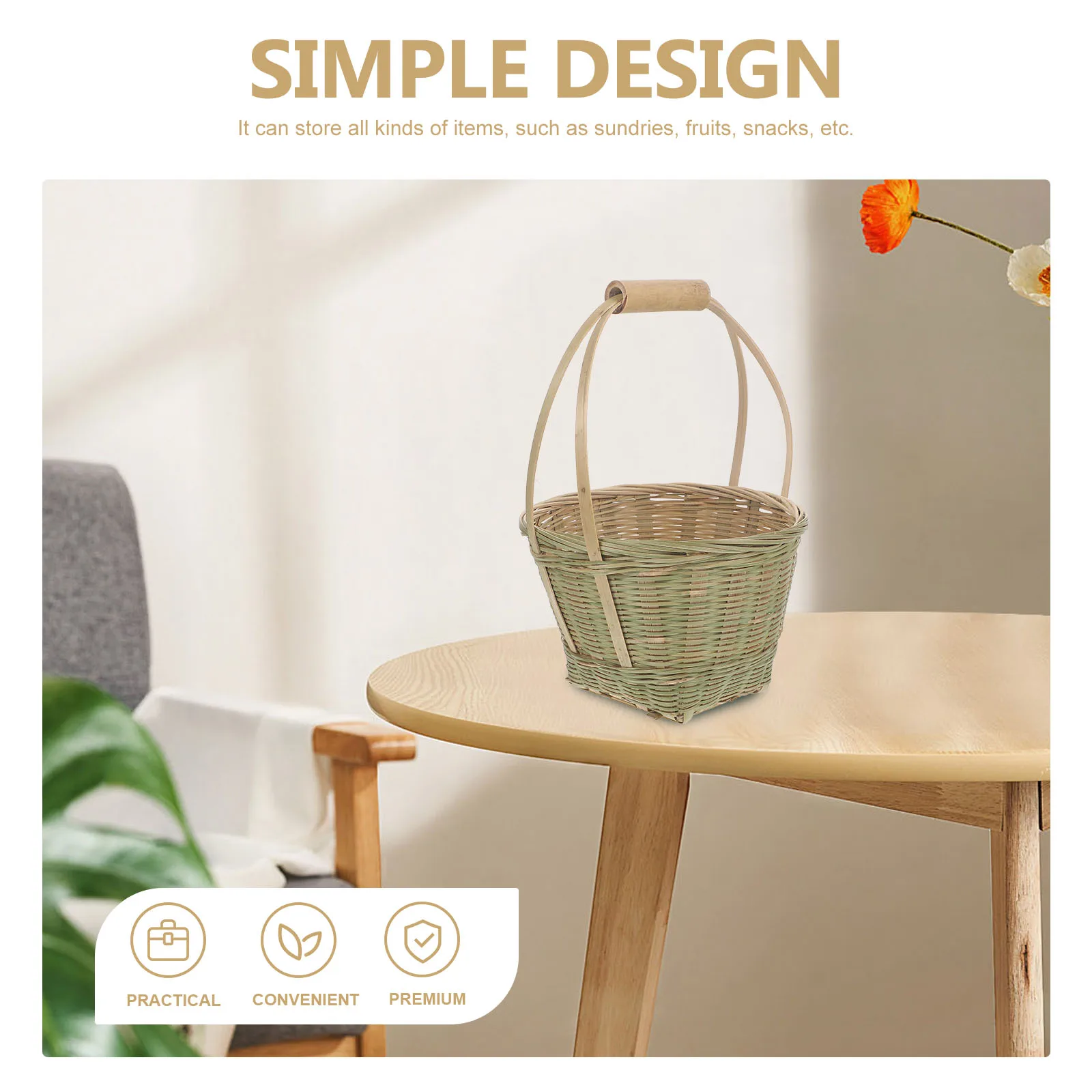 

H Woven Bamboo Storage Basket Medium Size Portable Fruit Vegetable Snack Holder Woven Bread Container Home Outdoor Use
