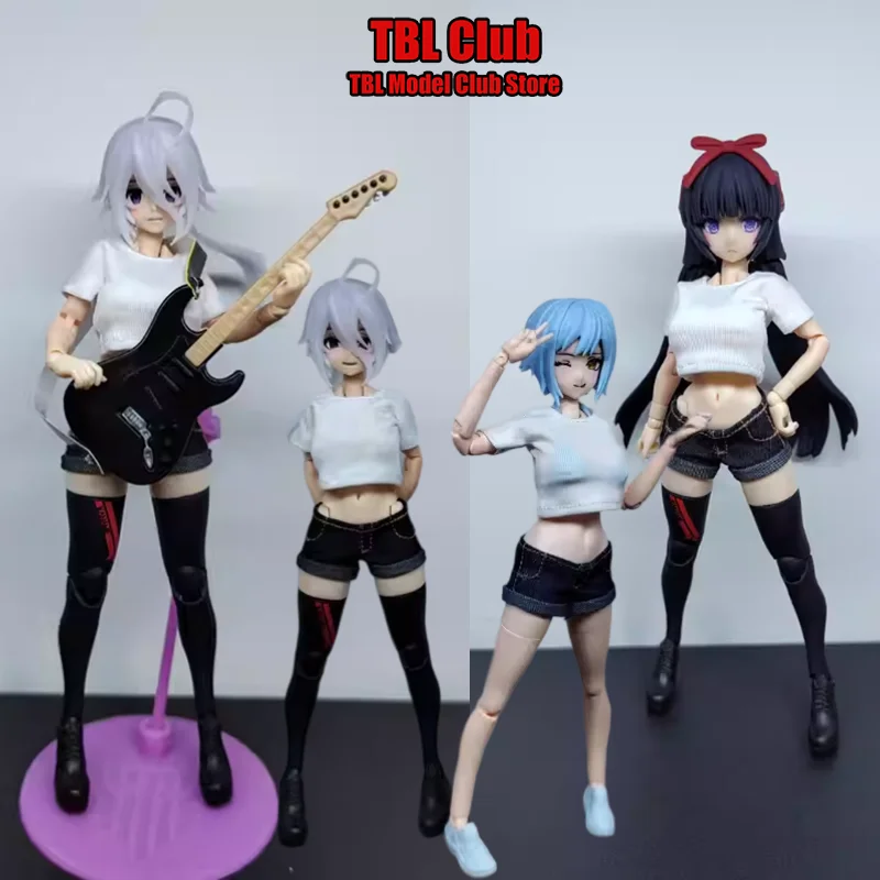 

1/12 масштаб, повседневная свободная белая футболка, мини-джинсовый комплект с короткими штанами с горячими завитками для 6 дюймов OB BJD Mobile Suit, одежда для девочек, экшн-фигурка