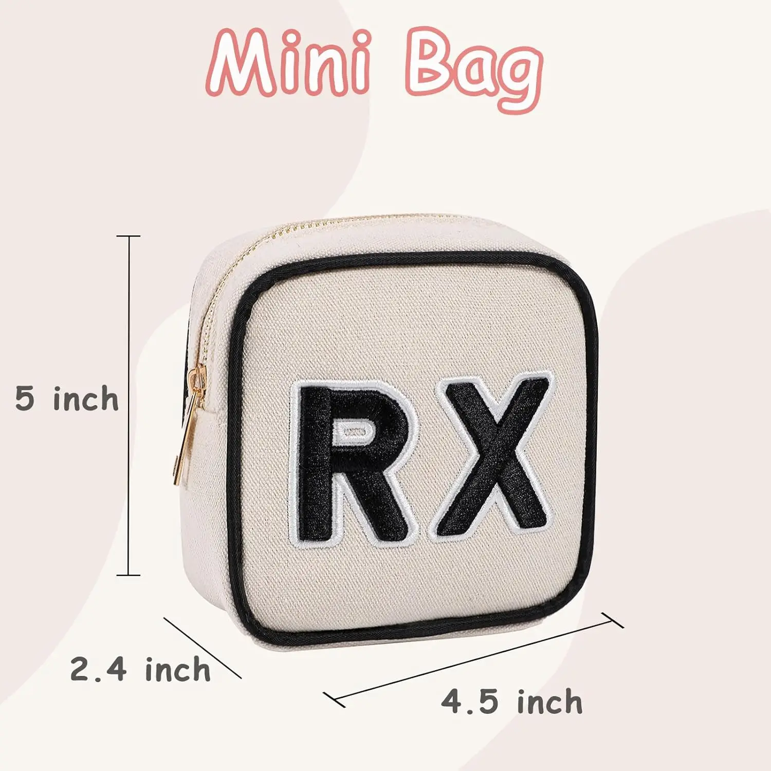 Small Canvas Rx Medicine Packages, Cute Chenille Letter Patch Drug Makeup Bag with Metal Zipper, Mini Travel First Aid Purse