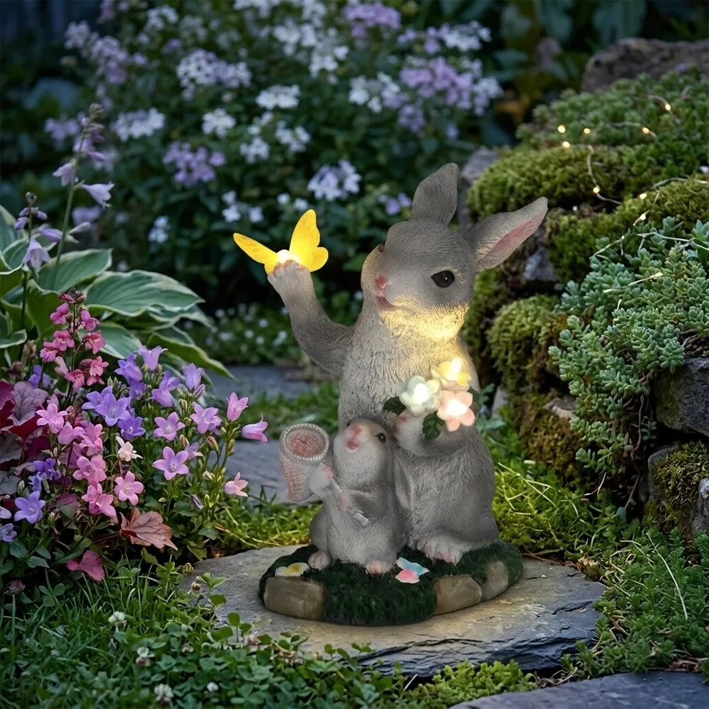 As Shown In The Picture Solar Bunny Statue Charming Solar Garden Statue UV Proof Coating High Efficiency Solar