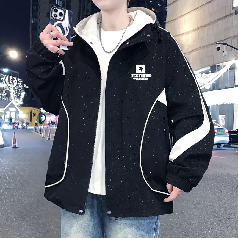 

Модная куртка с капюшоном для подростков и мужчин, повседневная, ветрозащитная, из полиэстера, с длинными рукавами, на молнии, с боковыми карманами