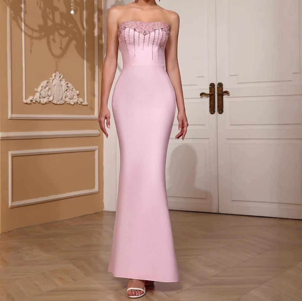

Hot pink quartz tube top diamond fishtail dress female bandage slim evening dress fairy nightclub dress-GZXX760