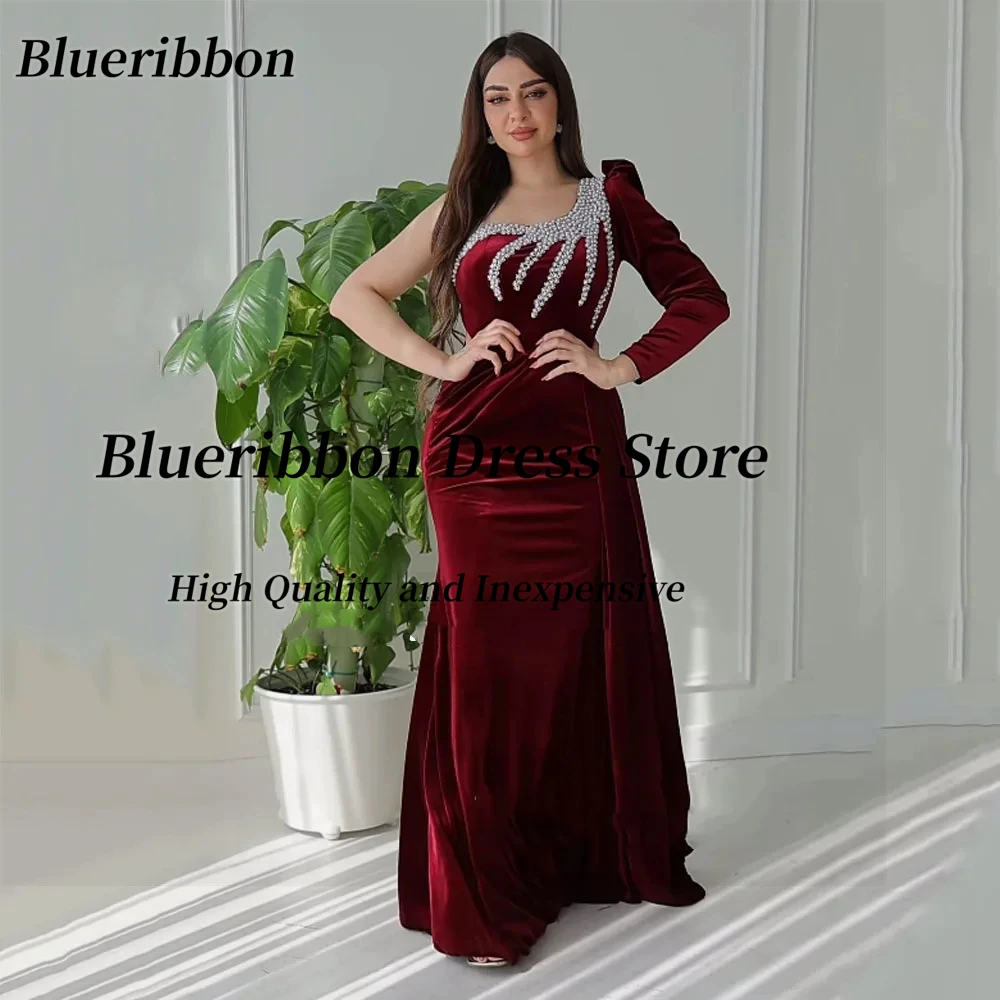 

Blueribbon Customized One Shoulder Prom Dresses Beading Long Sleeve Special Evening Party Zipper Back فساتين سهرات