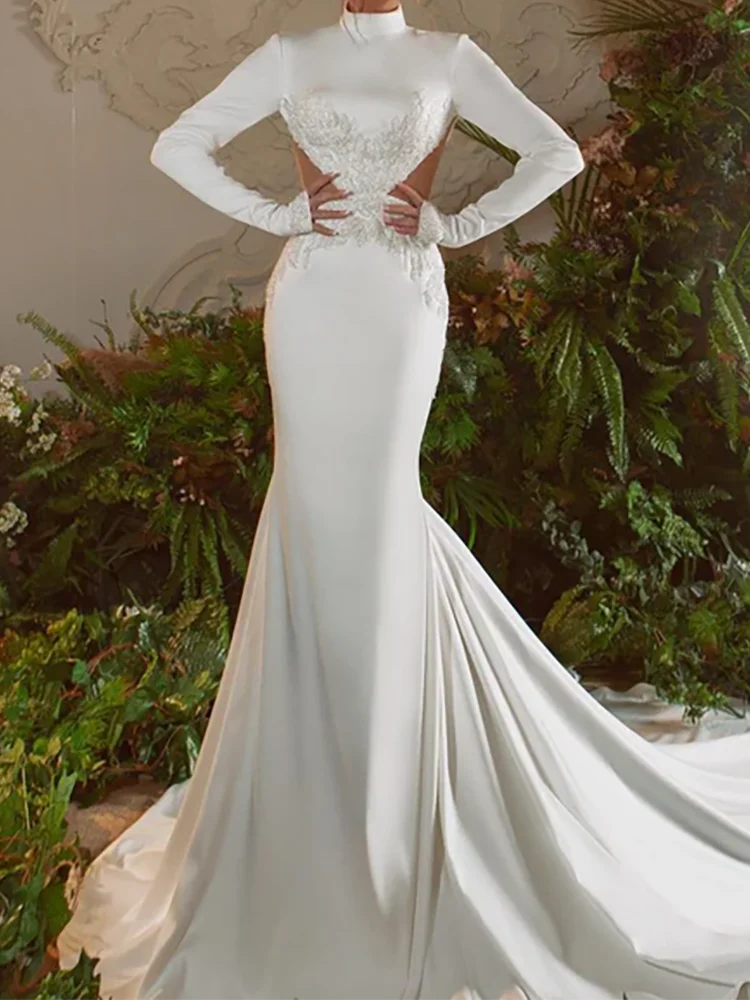 الكلاسيكية عالية الياقة الساتان كم كامل الخرز حورية البحر فساتين الزفاف أثواب الزفاف حسب الطلب #2