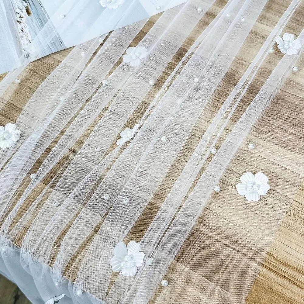 Elegant Flower Pearl Tablecloth Romantic Semi-Transparent Tulle Fabric Tablecloth Pearl Embellishments Decorative
