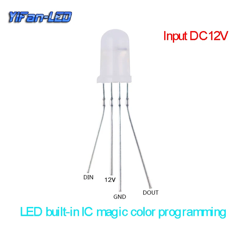 풀 컬러 RGB LED 칩 통합 컬러 라이트, WS2812, SK6812, APA106, YF923, YF912, 풀 컬러 어드레서블 DC12V, 100 개, 5mm