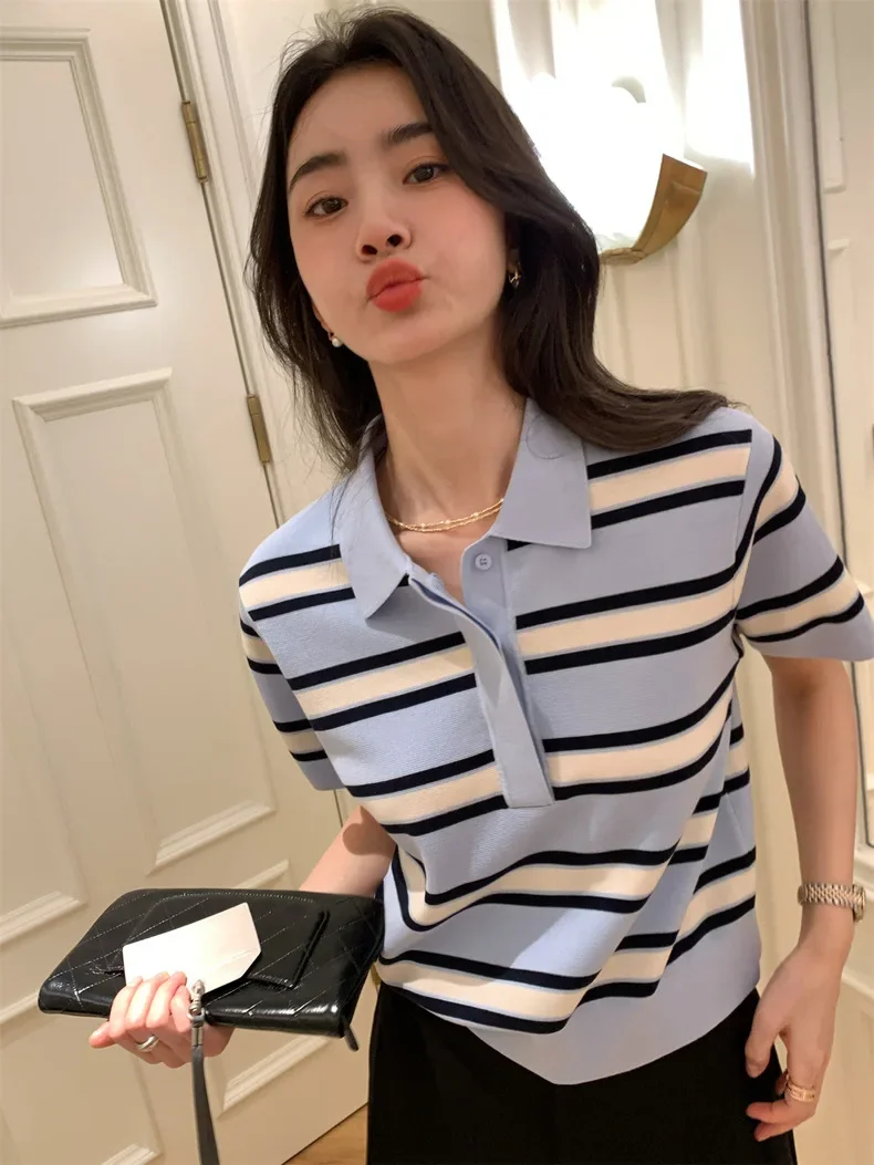 2025 Classic POLO collar Design Pure Lyocell Pullover Women's knitted Short sleeves Sweater High-quality Multi-color Stripes Top