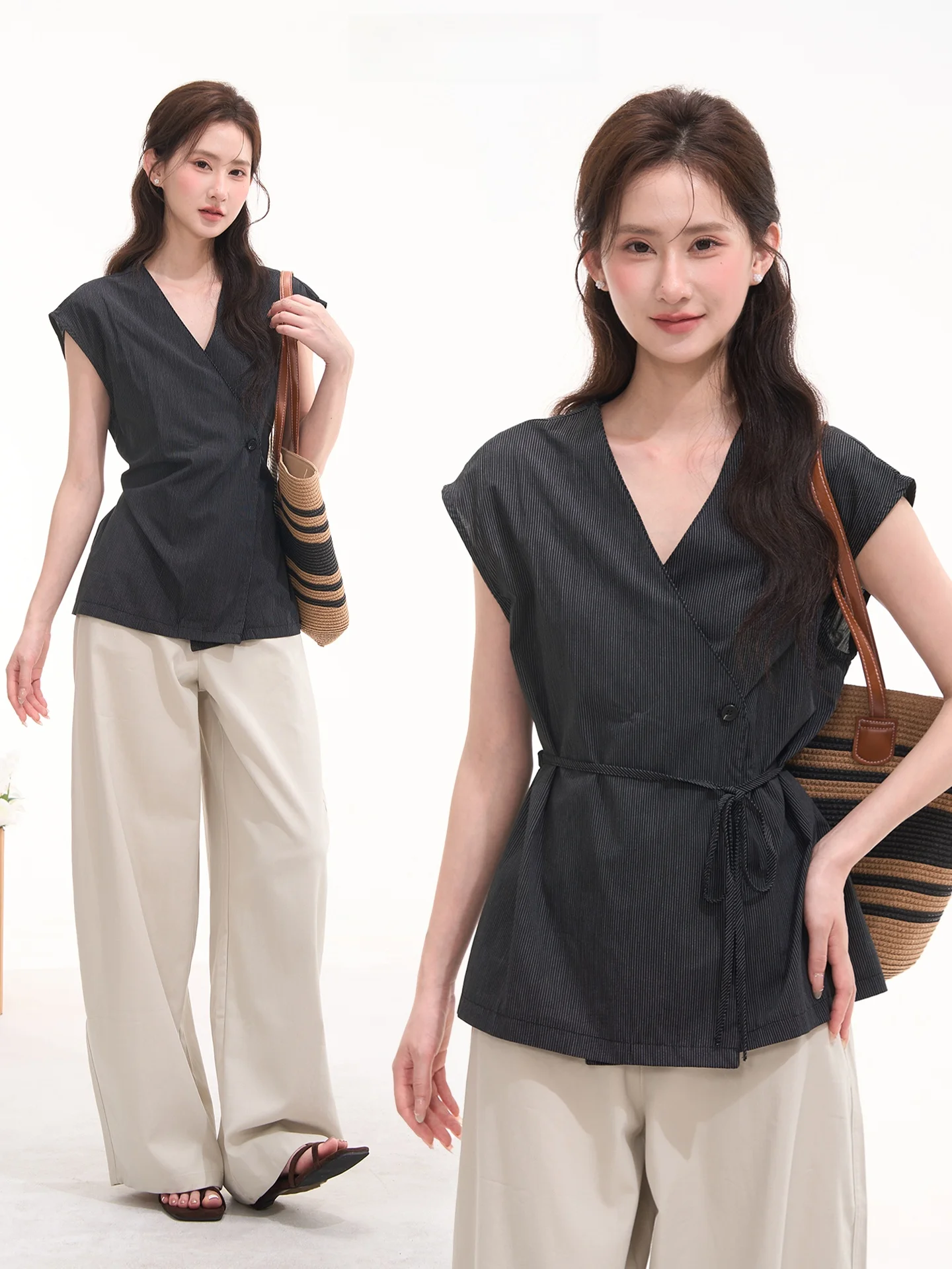 

Heme Summer Cotton Shirt Women's V-neck Sleeveless Striped Salted Caramel Commute Anti-aging Regular Length Straight Cut