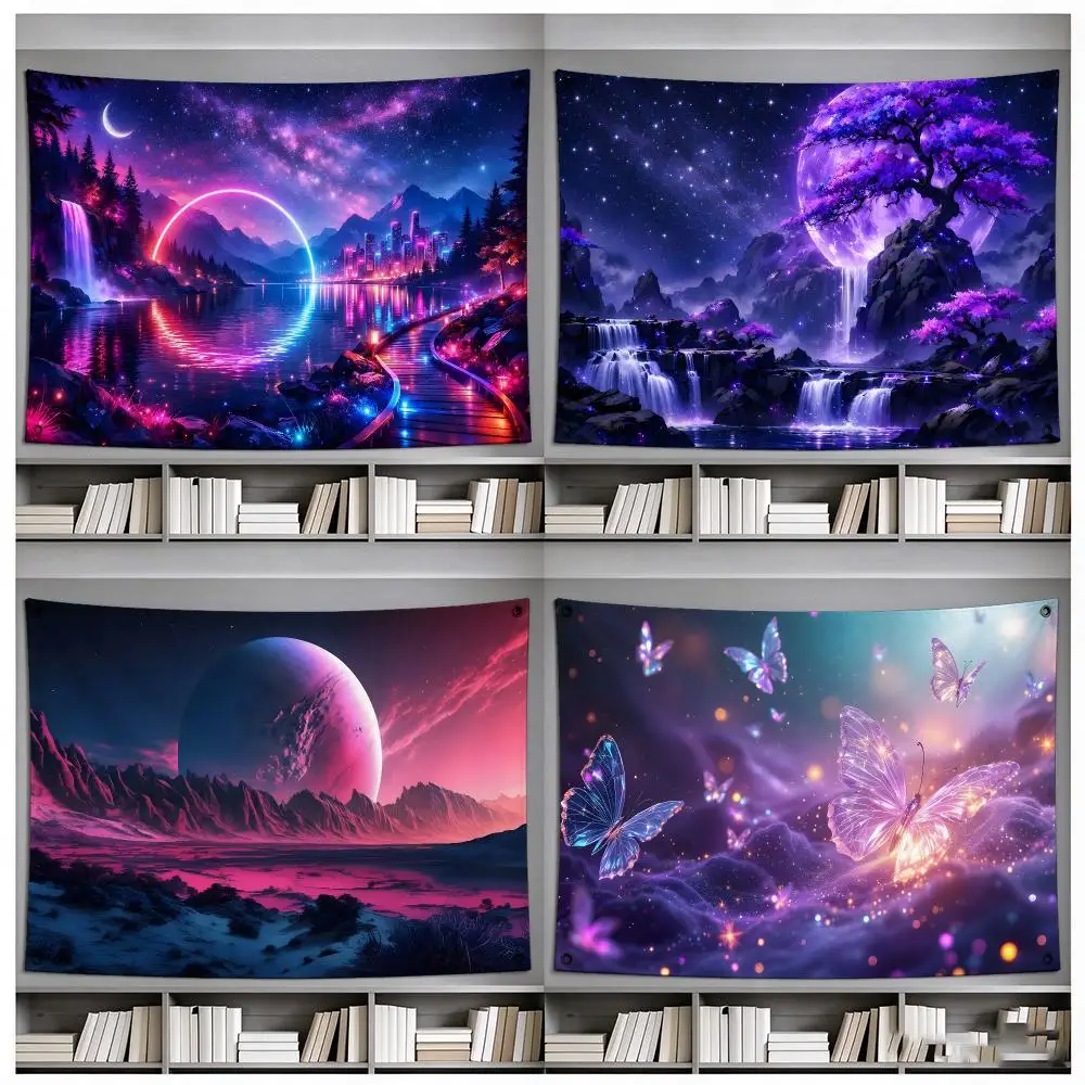 Cosmic Radiant Art P-Purple Aurora Star Map Flags Four Ring Ornament Indoor Outdoor Decor Simple Hanging Mount Gift
