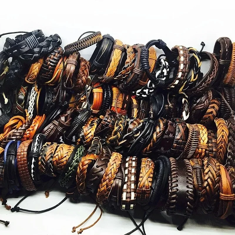 5Pcs/Lot Bulk Vintage Leather Charm Bracelets For Men Women Mix Styles Adjustable Bangle Fashion Jewelry In Wholesale