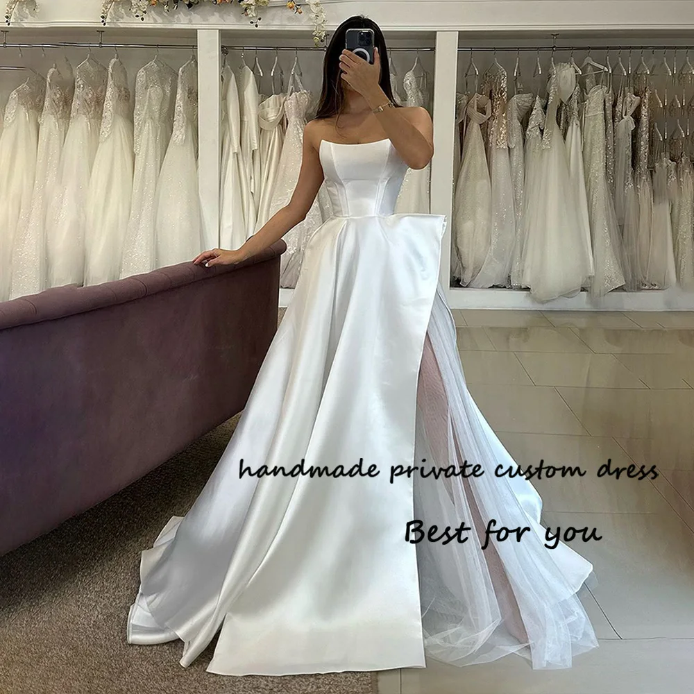 

White Satin A Line Wedding Dresses for Bride Pleats Strapless Wedding Gowns with Slit Simple Civil Bridal Gowns