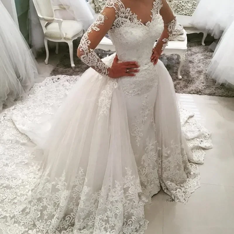 

Customized Tulle Long-Sleeves V-Neck Mermaid Bridal Gowns Elegant Appliques Detachable-Skirt Wedding Dress Africa Brand