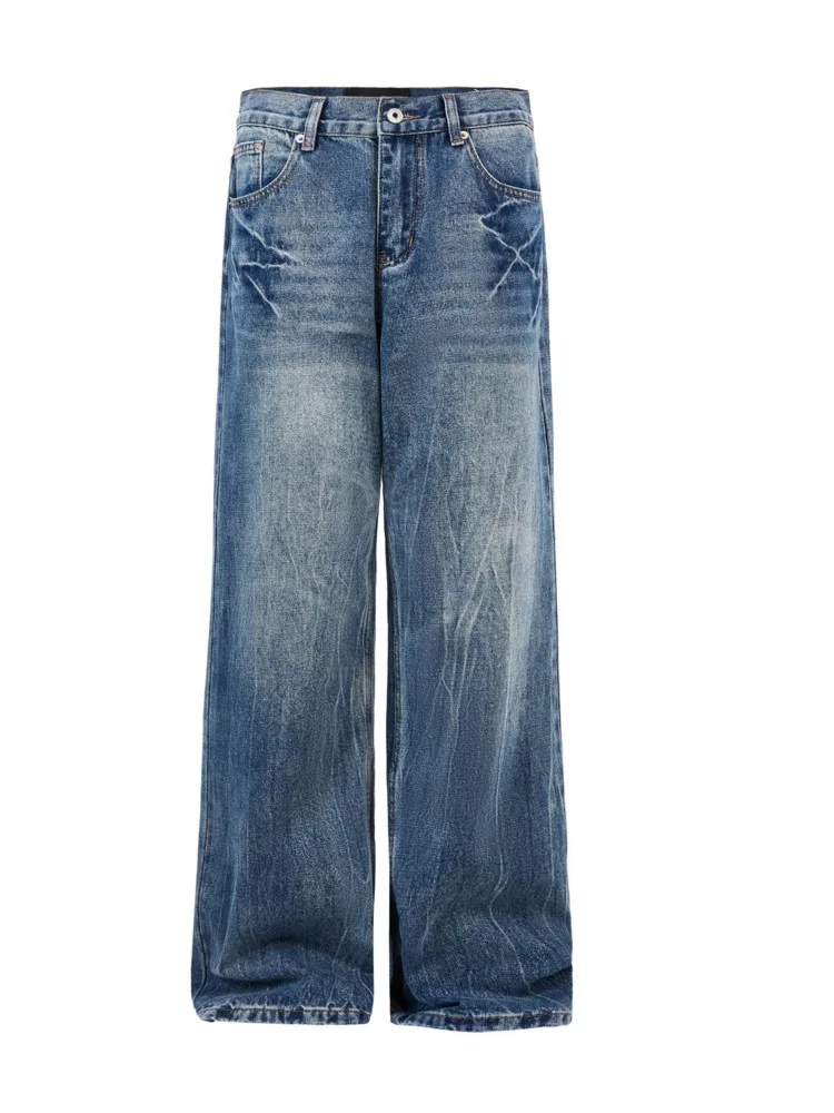 [BOMP] Autumn Cat Beard Washed Old Dad Wide Leg Trumpet Jeans Men