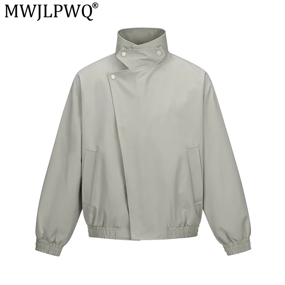 MWJLPWQ Stylish Design Asymmetrical Placket Stand Collar Jacket Trend Men's Wear Cleanfit Solid Color Loose Fit Casual Top 17688