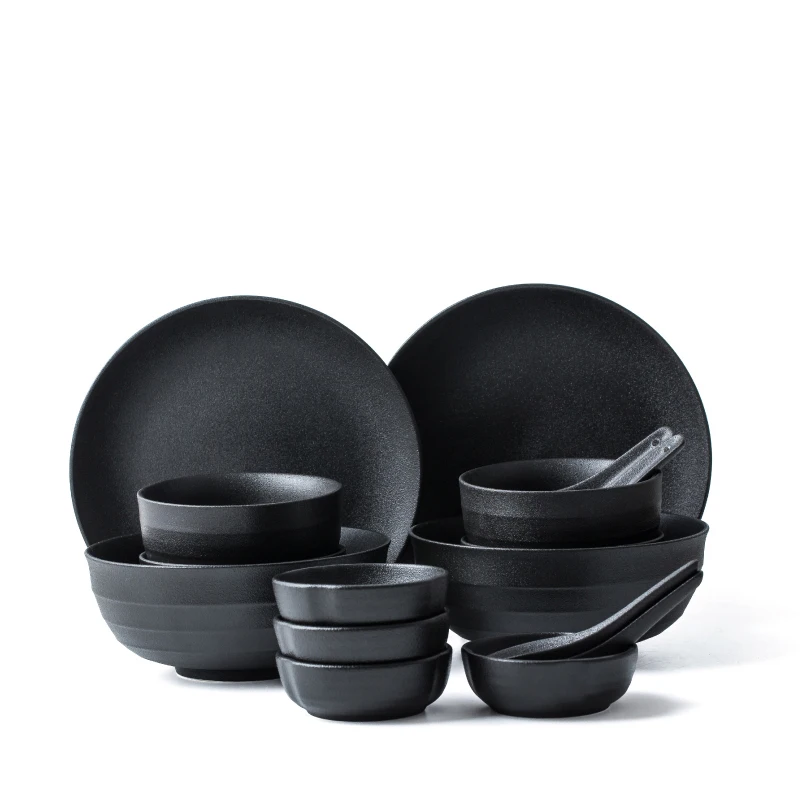 Custom Logo Eco-Friendly Japanese Western Style Ceramic Tableware Set  Porcelain Plates Bowls in Black Matte Flat Design