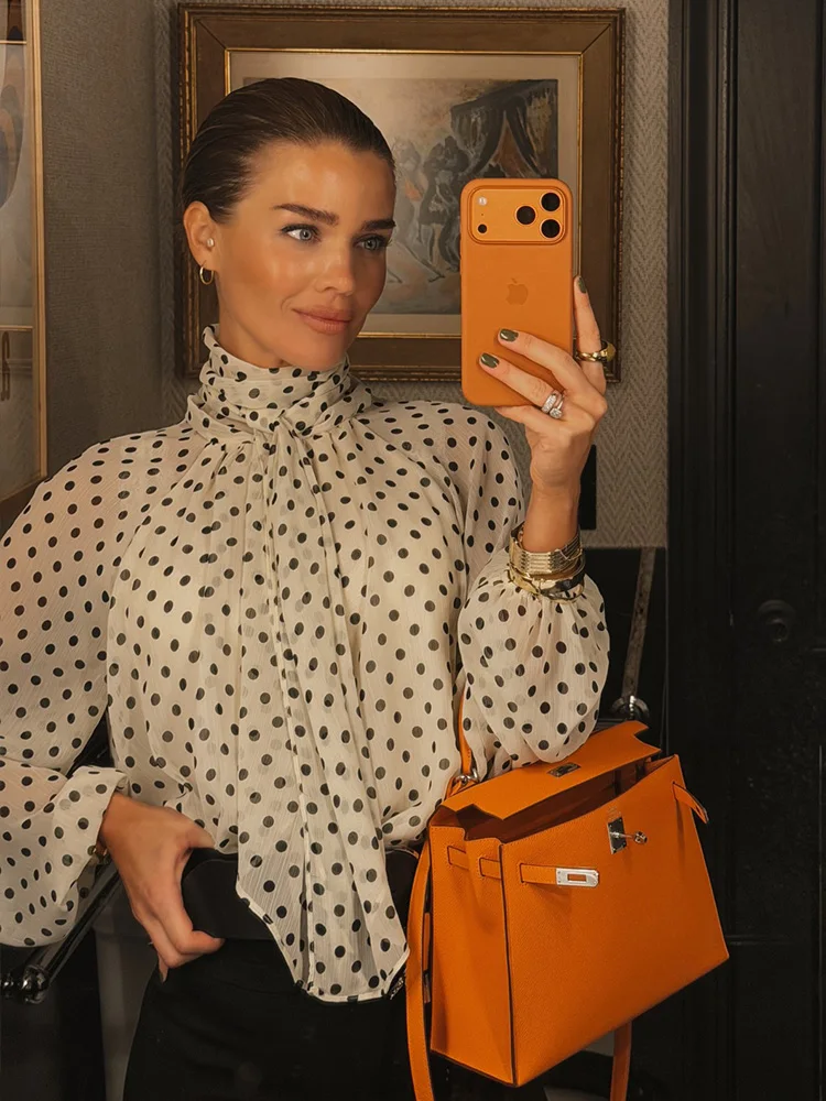 

HH Women Fashion Bow Neckline Long Sleeves Polka Dot Pattern Thin Light Shirt Female High Street Commuting Leisure Elegant Shirt