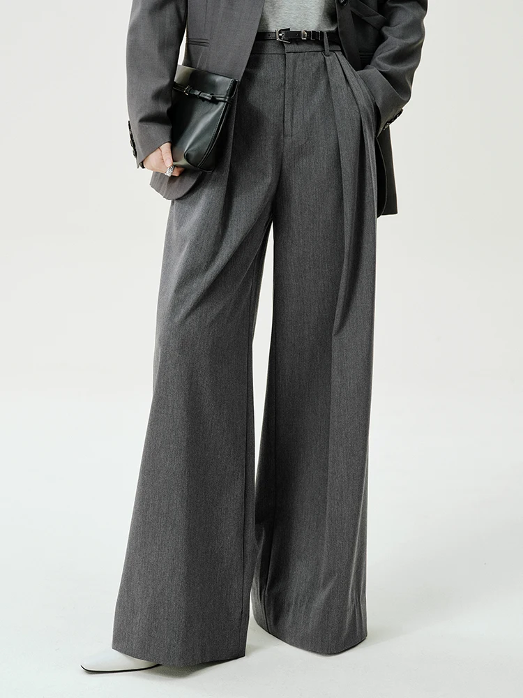 

MeiYang Silk Straight Leg Pants High Waist Zipper Closure Long Trousers Cool Drapey Polyester Fiber Summer Faion Ladies