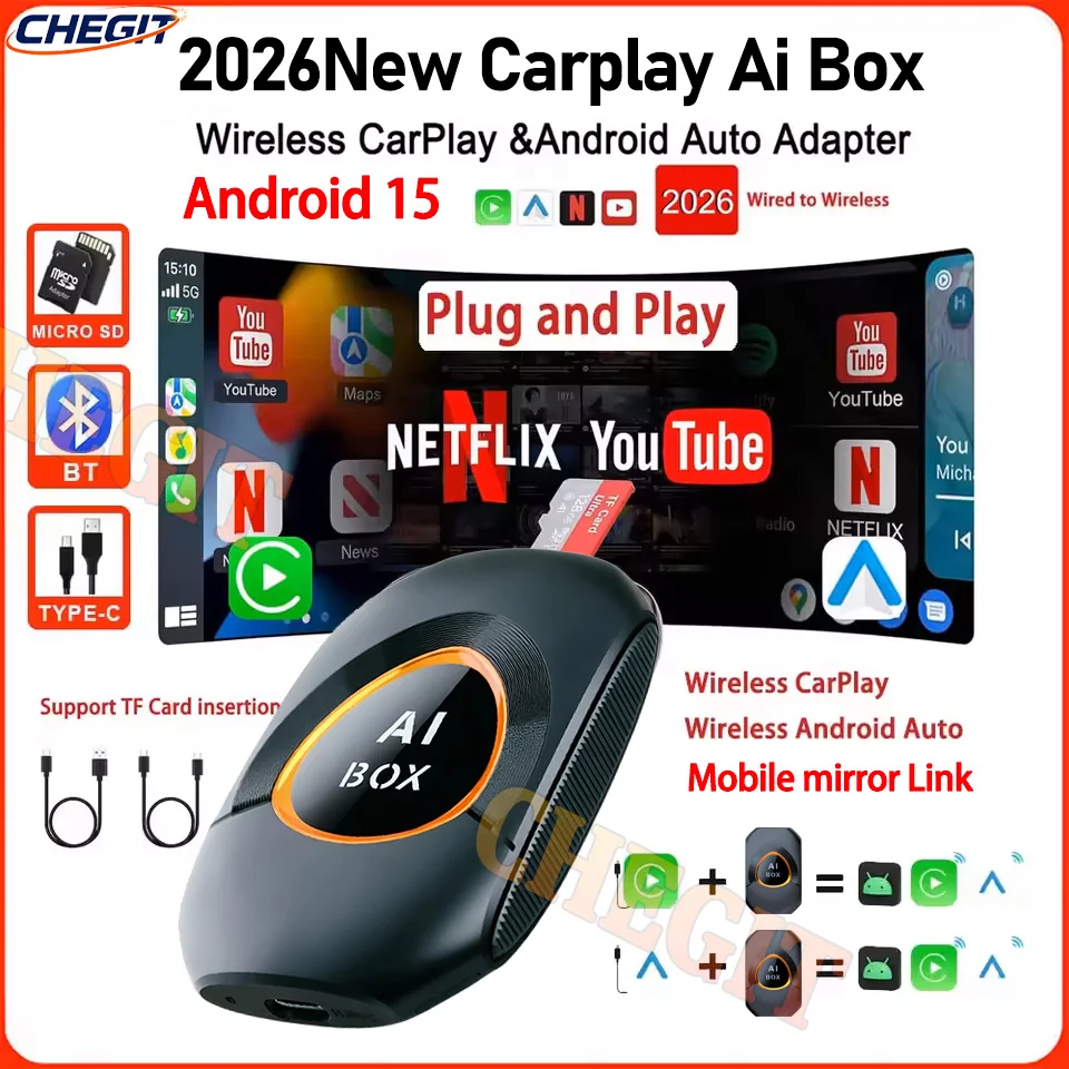 

2026NEW Android15 Ai Box CarPlay Wireless Adapter Android Auto Wireless 2G+16G Plug and Play Tv Box For YouTube Netflix