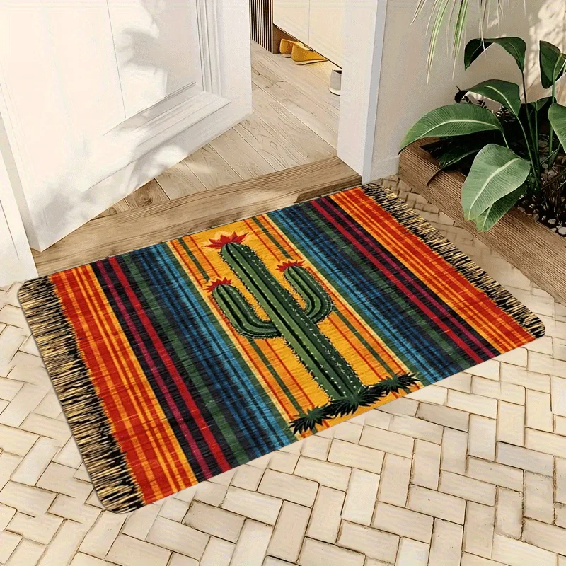 VIKAMA Rainbow Stripe Doormat Feature Cactus Carpet Welcome Mat Outdoor Carpet Soft Living Room Carpet Rug For Bedroom Home Deco