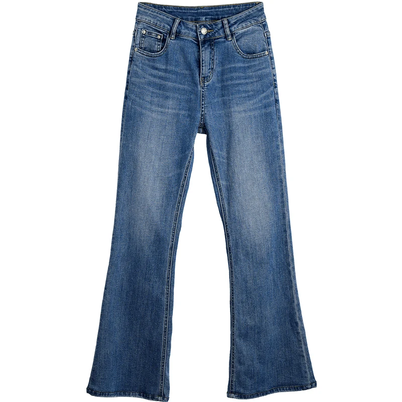 OLrain Flare Pants Women Autumn Solid Cotton Pockets High-waist Washed Denim Slim Fit Full-length Jeans for Ladies N56QA88553