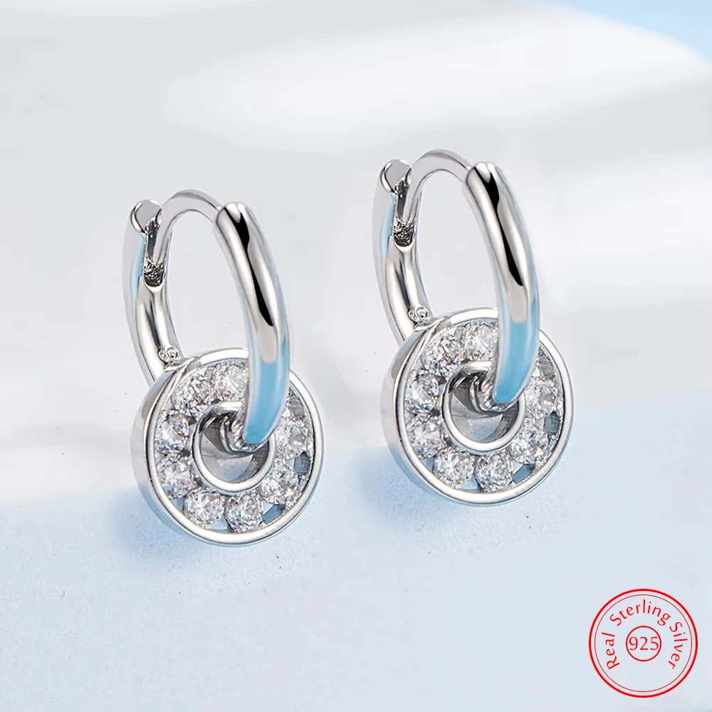 

Real 925 Sterling Silver Jewelry New Original Fashion Round Crystal Hoop Earrings For Women FQL22269