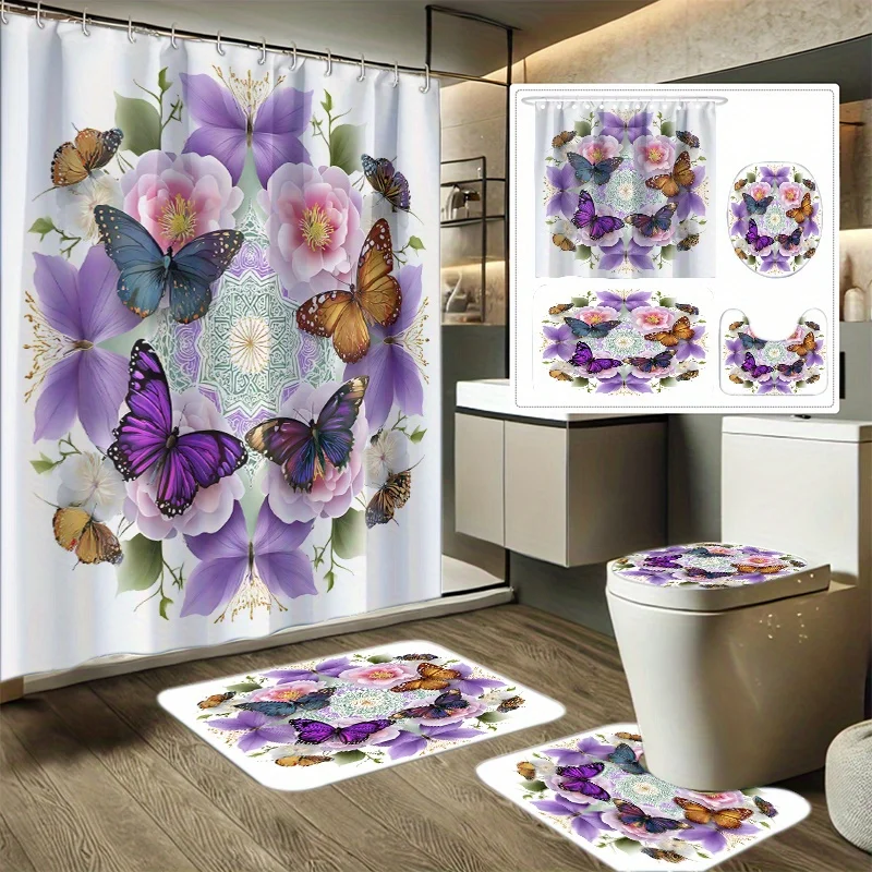 

4pcs Butterfly and Flower Spring Dance Printed Shower Curtain Set, Bathroom Decor Kit Includes Shower Liner, Non-Slip Mat