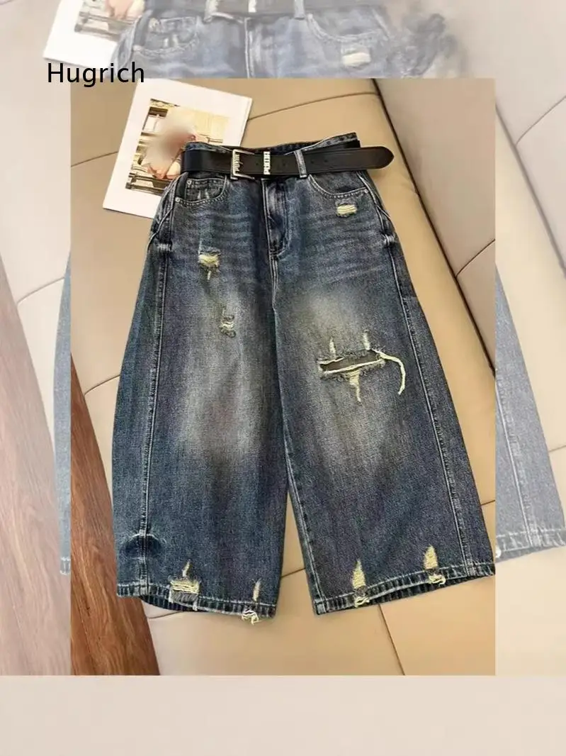 Women Cropped Denim Culottes High Waist Loose Fit Denim Capri Pants With Decorative Back Pockets For Casual Daily Wear