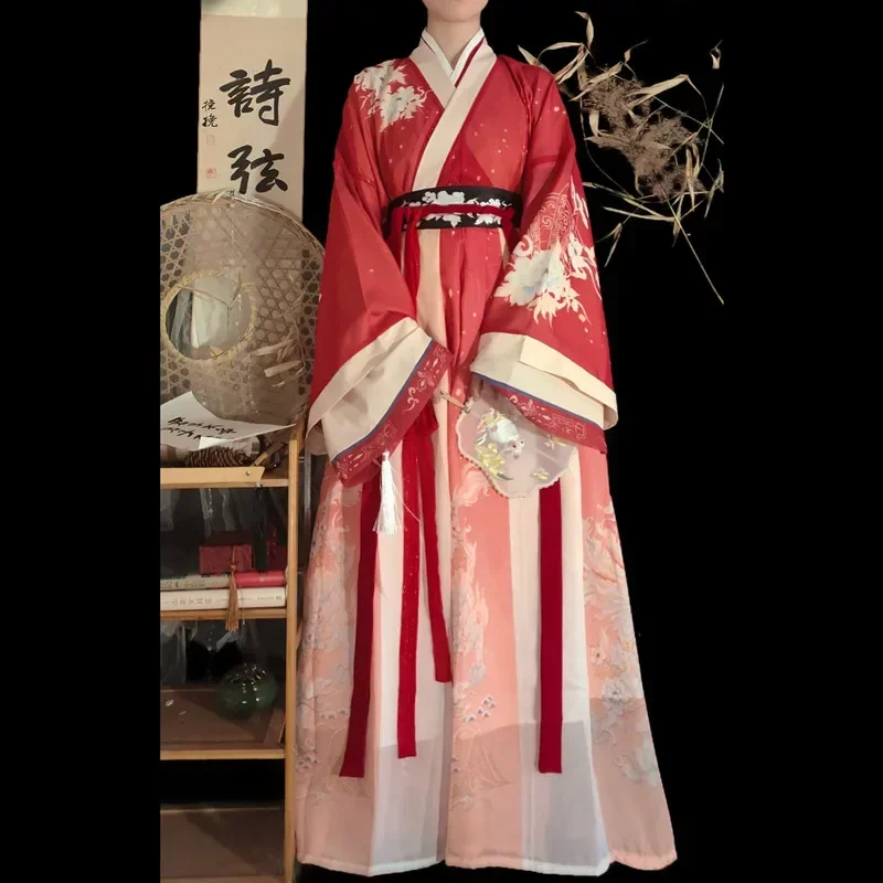 Chinese Traditional Red Hanfu 3PCS/Set Costume Woman Ancient WeiJin Dynasty Dress Oriental Princess Dress Lady Elegance Dance